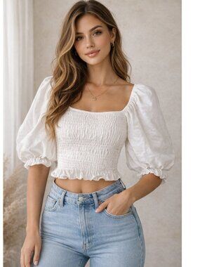 White Smocked Puff Sleeve Crop Top Cottagecore Peasant Milkmaid Boho Medium